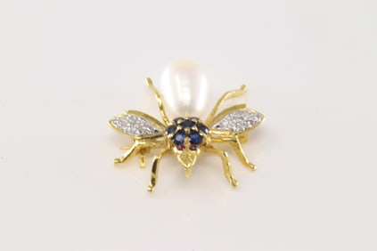 Multi-Color Gemstone Bee Bronch Pin 18Kt.