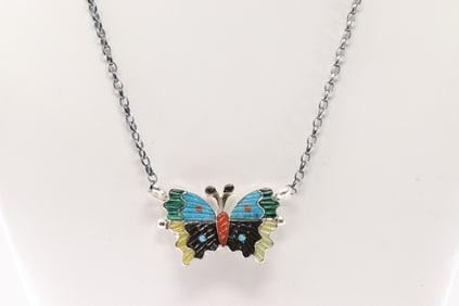 Native America Zuni Sterling Silver Multi-Color Stone Butterfly Necklace By Tamara Pinto.
