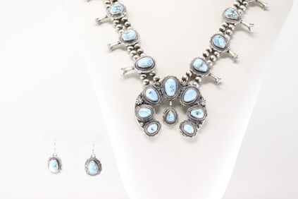 Native America Navajo Sterling Silver Golden Hill Turquoise Squash Blossom Necklace & Earring's Set