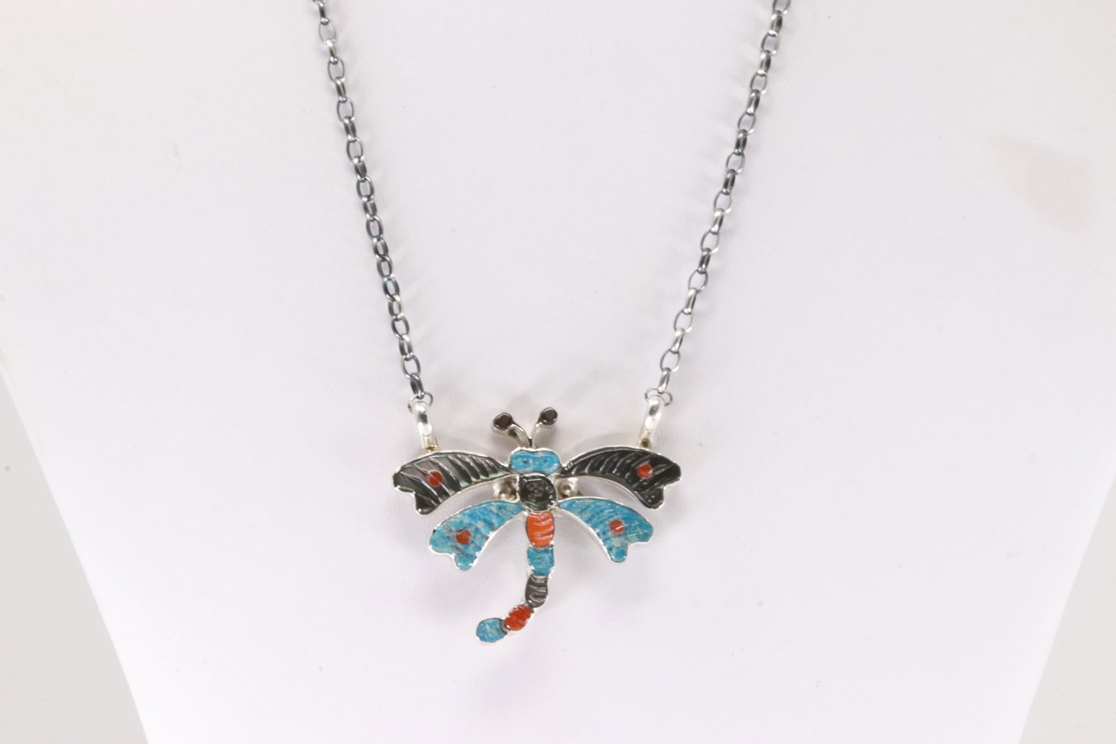 Native America Zuni Sterling Silver Multi-Color Stone Dragonfly Necklace By Tamara Pinto. (1 of 4)