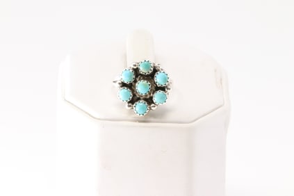 Native America Navajo Sterling Silver Turquoise Floral Ring By M.P.