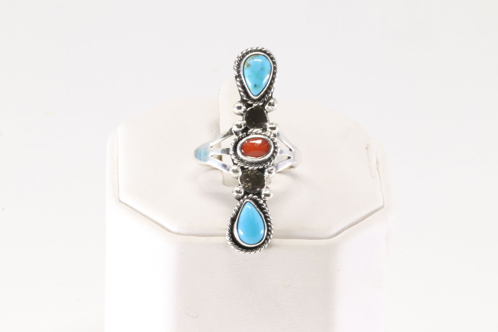 Native American Navajo Sterling Silver Coral & Turquoise Ring By Jerryson Henio.