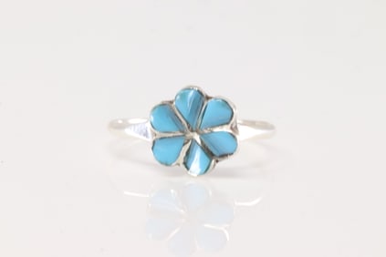 Native American Zuni Sterling Silver Turquoise Inlay Flower Ring By Raymond Bobelu.