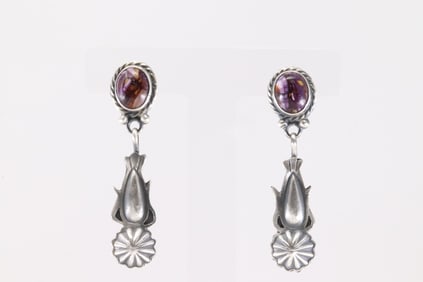Native America Navajo Sterling Silver Purple Spiny Oyster Post / Dangling Earring's By Annie