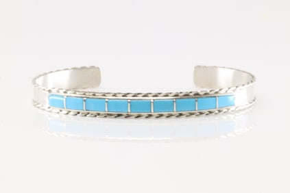 Native America Navajo Sterling Silver Turquoise Inlay Bracelet Cuff By J.P.
