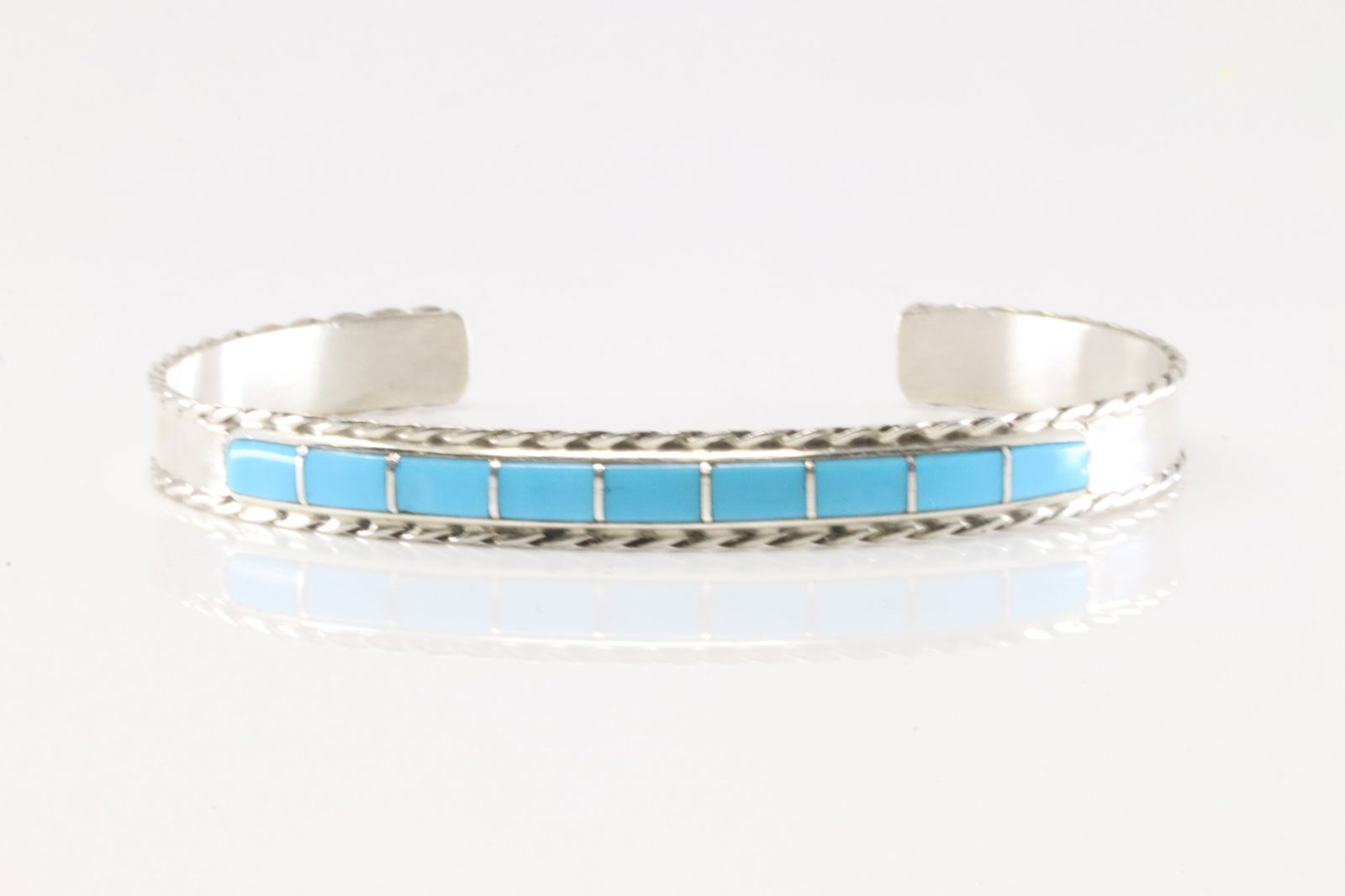 Native America Navajo Sterling Silver Turquoise Inlay Bracelet Cuff By J.P.: This is a Native America Navajo Sterling Silver Turquoise Inlay Bracelet Cuff By J.P.