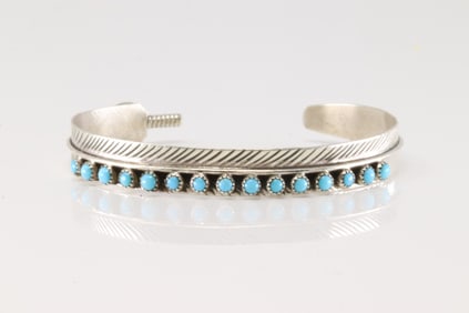 Native America Navajo Sterling Silver Turquoise Feather Bracelet Cuff By Aaron Davis.