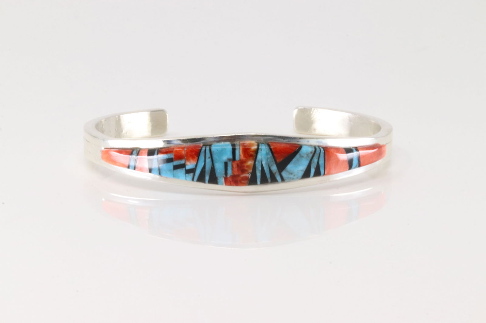 Native America Navajo Sterling Silver Multi-Color Stone Inlay Bracelet Cuff By C.W.: This is a Native America Navajo Sterling Silver Multi-Color Stone Inlay Bracelet Cuff By C.W.