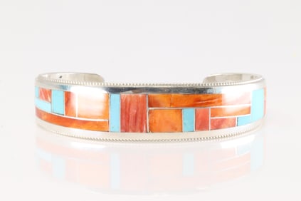 Native American Zuni Sterling Silver Spiny Oyster & Turquoise Inlay Bracelet Cuff By Glendora