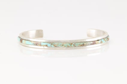 Native America Navajo Sterling Silver Kingman Turquoise Inlay Bracelet Cuff By S.F.