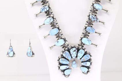 Native America Navajo Sterling Silver Golden Hill Turquoise Squash Blossom Necklace & Earring's Set