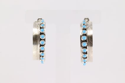 Native America Navajo Sterling Silver Turquoise Hoop Earring's By Chester Charley.