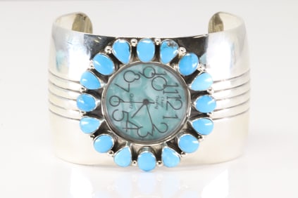Native America Navajo Sterling Silver Woman Turquoise Watch Bracelet Cuff By Emerson Delgarito.