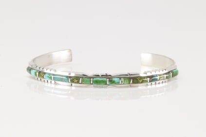 Native America Zuni Sterling Silver Turquoise Inlay Bracelet Cuff By Sheldon Lalio.