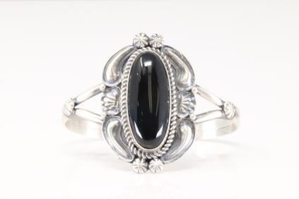 Native America Navajo Sterling Silver Black Onyx Bracelet Cuff By Jeff James Jr.