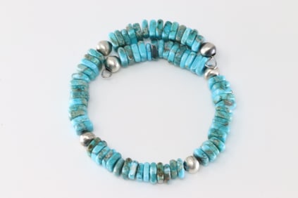 Native America Navajo Sterling Silver S Turquoise / Beaded Stretch Bracelet