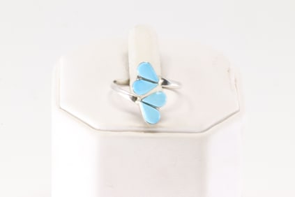 Native America Zuni Sterling Silver Turquoise Heart Ring By Linda Chavez.