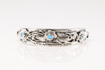 Native America Navajo Sterling Silver Turquoise Bracelet Floral Cuff By Bessie Joe.