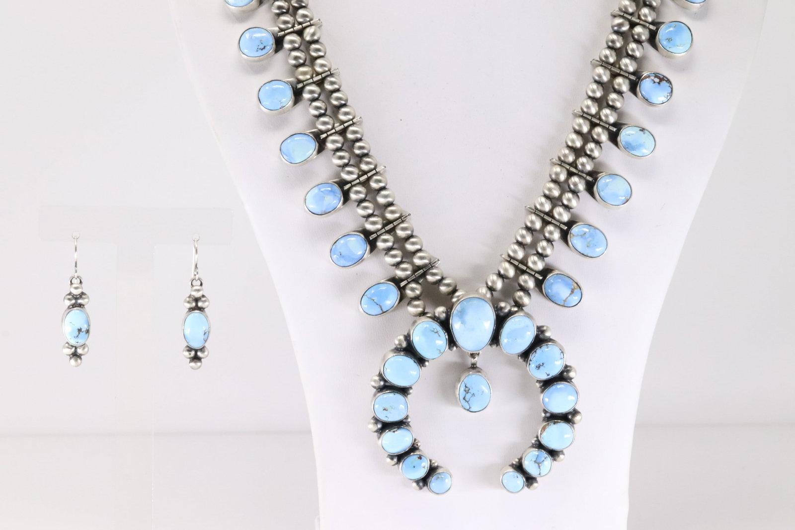 Native America Navajo Sterling Silver Golden Hill Turquoise Squash Necklace & Earring Set By T. (1 of 9)