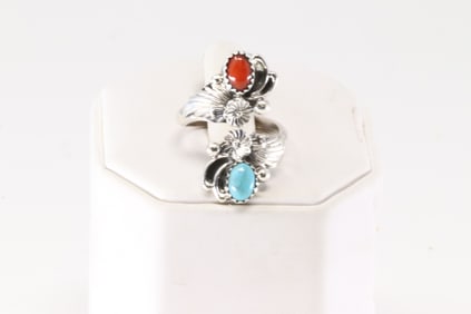 Native America Navajo Sterling Silver Coral & Turquoise Ring By Etta Belin.