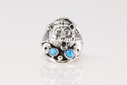 Native America Navajo Sterling Silver Turquoise Bear Head Ring By Jeanette Saunders.