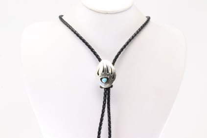 Native America Navajo Sterling Silver Bear Paw Turquoise Bolo Necklace By Ervin Begay.
