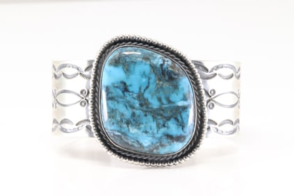 Native America Navajo Sterling Silver Kingman Turquoise Bracelet Cuff By Chimney Butte.