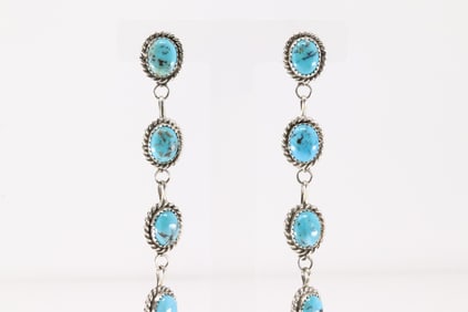 Native America Navajo Sterling Silver Kingman Turquoise Post Dangling Earring's By Maxine Ramirez.