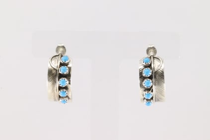 Native America Navajo Sterling Silver Turquoise Hoop Feather Earring's By Chester Chandle.