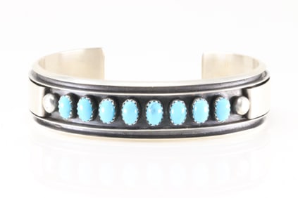 Native America Navajo Sterling Silver Kingman Turquoise Bracelet Cuff By Calvin James.