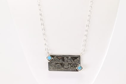 Native America Navajo Sterling Silver Turquoise Storyteller Necklace By Robin Wood.