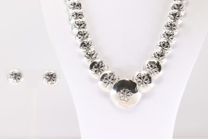 Native America Navajo Sterling Silver Turquoise / Beaded Stamped Necklace & Earring's Set By Carol