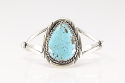 Native America Navajo Sterling Silver Kingman Turquoise Bracelet Cuff By Augustine Largo.