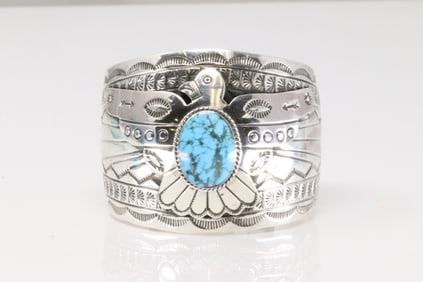 Native America Navajo Sterling Silver Kingman Turquoise Thunderbird Bracelet Cuff By Evelyn Bahe.