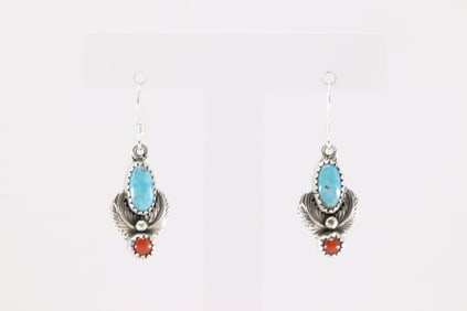 Native America Navajo Sterling Silver Coral & Turquoise Dangling Earring's By Robert Martinez.