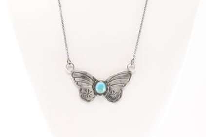 Native America Navajo Sterling Silver Kingman Turquoise Butterfly Necklace By Rick Enriquez.