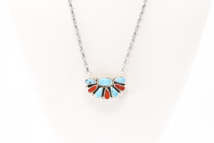 Native America Navajo Sterling Silver Coral & Turquoise Necklace By Alicia Wilson.