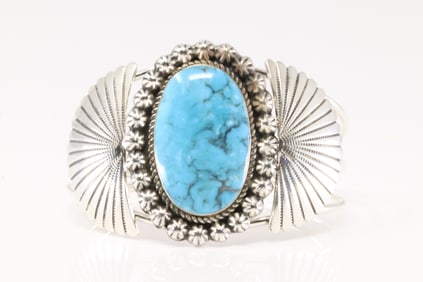 Native America Navajo Sterling Silver Turquoise Bracelet Cuff By Leona Delgarito.