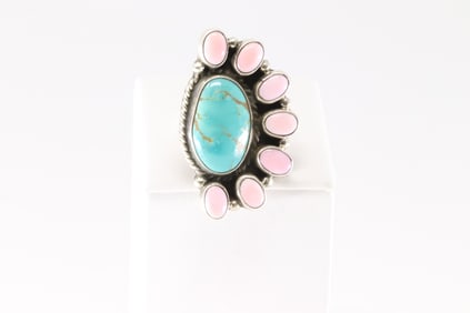 Native America Navajo Sterling Silver Pink Conch & Turquoise Ring By G James.