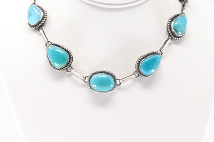 Native America Navajo Sterling Silver Turquoise Necklace By P. Johnson.
