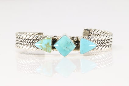Native America Navajo Sterling Silver Turquoise Bracelet Cuff By Mike Smith.