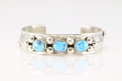 Native America Navajo Sterling Silver Turquoise Bracelet Cuff By Welbert Meyers.