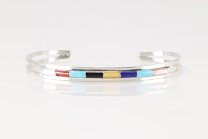 Native America Navajo Sterling Silver Multicolor Bracelet Cuff By A.L.W.
