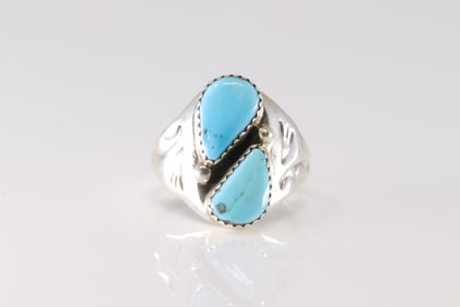 Native America Navajo Sterling Silver Turquoise Ring By M.L.