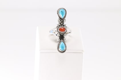 Native America Navajo Sterling Silver Coral & Turquoise Ring By Jerryson Henio.