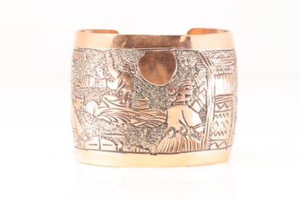 Native America Navajo Copper Story Teller Solid Bracelet Cuff By B.