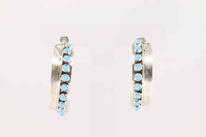 Native America Navajo Sterling Silver Turquoise Hoop Earring's By Chester Charley.