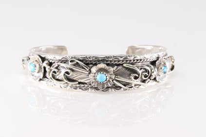 Native America Navajo Sterling Silver Turquoise Bracelet Floral Cuff By Bessie Joe.