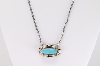Native America Navajo Sterling Silver Kingman Turquoise Necklace By William Begay.