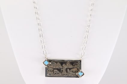 Native America Navajo Sterling Silver Turquoise Storyteller Necklace By Robin Wood.